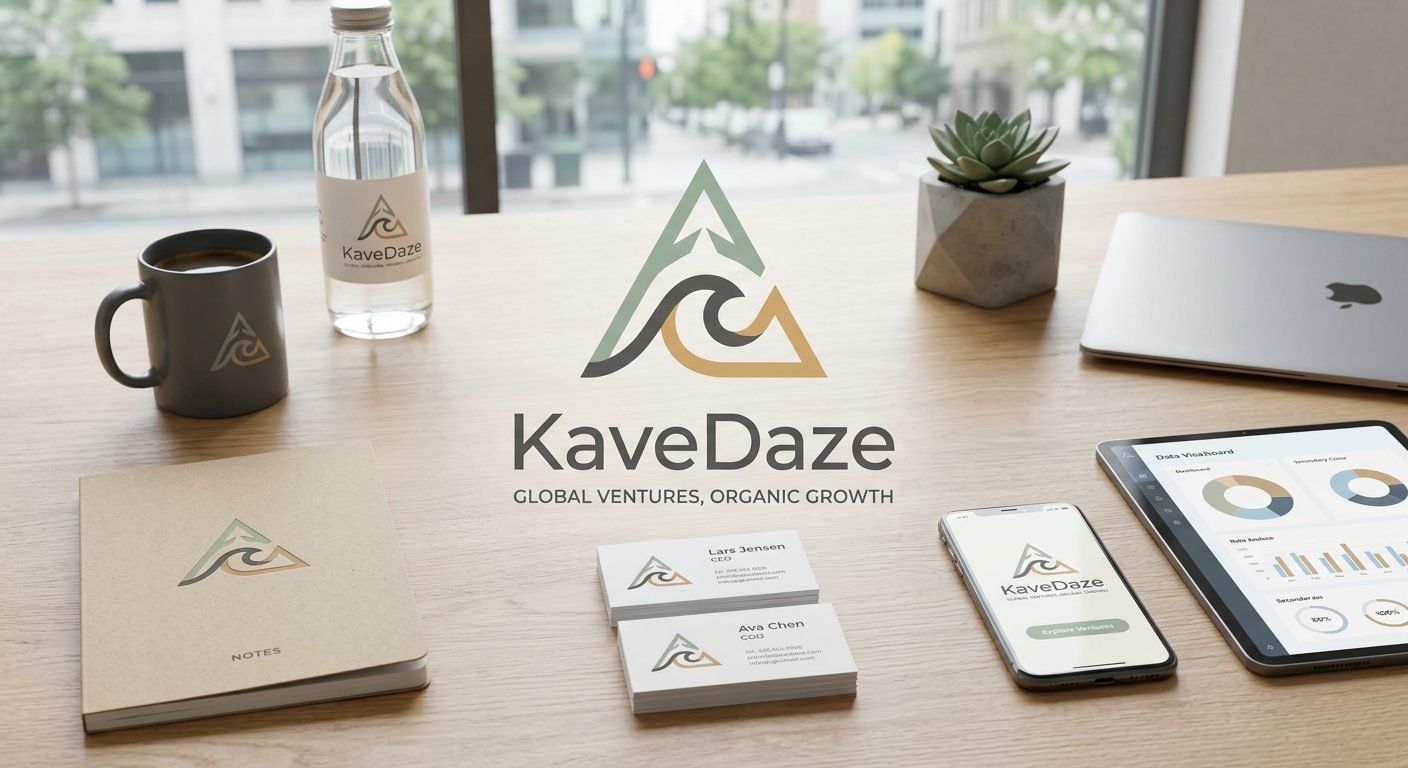 KaveDaze brand scene: logo on bottle, mug, cards and dashboards